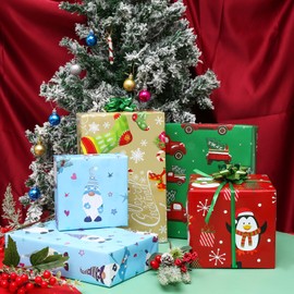 U'COVER Christmas Wrapping Paper for Kids Boys Girls 8 Large Sheet Xmas Holiday Gift Wrapping Paper Penguin Snowman Red Truck Gnomes Stocking Wrap Paper Fold 27x36inch