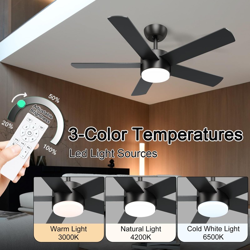POCHFAN 42 inch Black Ceiling Fans with Lights and Remote