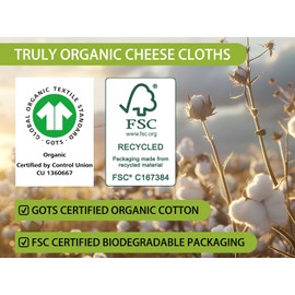 Organic Cheese Cloths, GOTS Certified, 6PCS, Grade 100, 20x20Inch Hemmed Cheese Cloth Fabric Reusable Fine Mesh Cloth, 100% Cotton Unbleached Muslin Cheesecloth for Straining, Cooking, Yogurt, Juicing
