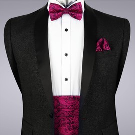 Alizeal Mens Classic Paisley Pre-tied Party Adjustable Bow Tie, Cummerbund and Pocket Square Set, Black+Hot Pink