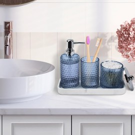 Bathroom Accessories Set,4 Pcs Blue Glass Bathroom Accessories Sets-Lotion Soap Dispenser,Toothbrush Holder,Qtip Holder Dispenser & Resin Vanity Tray,Countertop Vanity Organizer,Blue