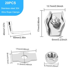 Pack of 20 Wire Rope Clamps M3, 304 Stainless Steel Rope Clamp Set, Wire Rope Clips 3 mm, Cable Clips, Wire Rope Clips Clamp for Steel Cable, Wire Rope, Washing Line, Awning, Fixed, with 7 mm Wrench