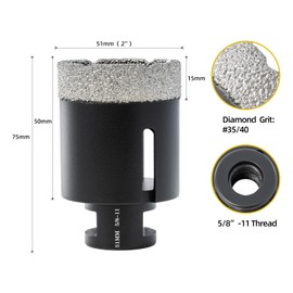 Dry/Wet Diamond Core Drill Bits 2In (51MM) Hole Saw for Tile Hole Saws for Porcelain, Ceramic,Granite, with 5/8-11 Thread Tile Hole Saw Kit Drilling,Concrete Diamond Hole Saw