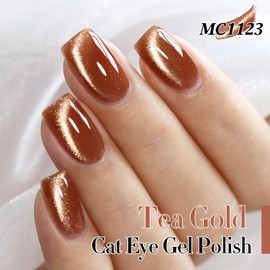 Double Rhythm 15ML Ice Glass Cat Eye Gel Polish with Magnet Holographic Glitter Shimmer Translucent Sheer Color Salon Soak Off Magnetic Nail at Home (Tea Gold-MC1123)