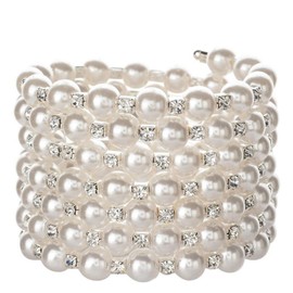 Kicomvi Imitition Pearl Stretch Bracelet Multilayer Crystals Pearl Elastic Bangle for Women Wedding Jewelry 1920s Costume-B Sliver