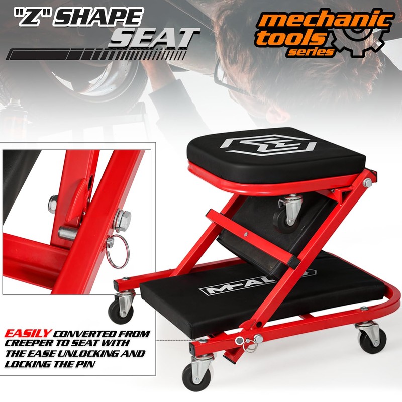M-AUTO 40-Inch Folding Creeper Rolling Seat, All-in-One Adjustable Roller Garage