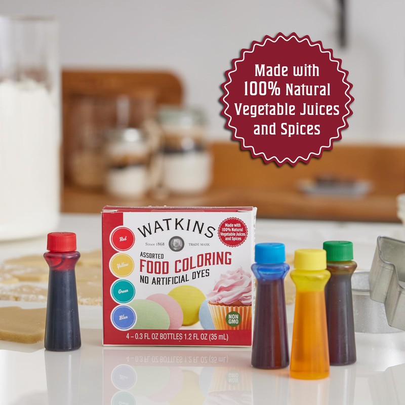Watkins Assorted Food Coloring, 1 Each Red, Yellow, Green, Blue,