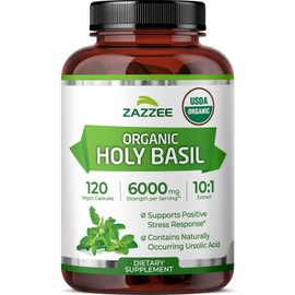 Zazzee USDA Organic Holy Basil 10:1 Extract, 6000 mg Strength, 120 Vegan Capsules, Concentrated and Standardized 10X Tulsi Extract, Ursolic Acid, 100% Certified Organic, Non-GMO