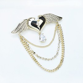 VVCome Beating Heart with Angel Wings Brooch Lapel Pin Tassel Collar Pin Crystal Love Heart Brooch Badge (Gold)