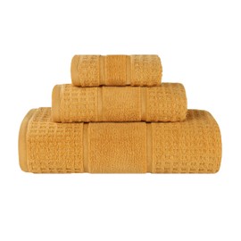 Superior Cotton 3-Piece Towel Set, Zero Twist, Waffle Border, Bathroom Essentials, Shower, Spa, Luxury Plush Soft Absorbent Towels, Includes 1 Bath, 1 Hand, 1 Washcloth/Face Towel, Gold