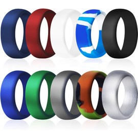 COOLOO Anillo de boda de silicona para hombres, paquete de 10 alianzas de boda de goma de silicona asequibles y cómodos, anillos negros, blanco, azul, gris plateado