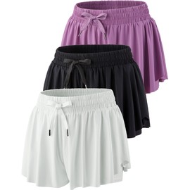 Paquete de 3 pantalones cortos para correr para mujer, faldas de mariposa 2 en 1 con pantalones cortos debajo de elastano, atléticos, informales, gimnasio, entrenamiento, sala de estar, negro,