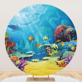 Renaiss 7.2x7.2ft Under The Sea Round Backdrop Cover Underwater Scenery Circle Photography Background Sun Ray Colorful Corals Fishes Baby Shower Birthday Summer Holiday Party Decor Photo Booth Props