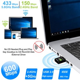 Free Driver 600Mbps USB WiFi Adapter, WiFi Dongle Dual Band 2.4/5GHz Wireless Network Adapter, Mini WiFi Receiver for PC/Laptop/Desktop,Supports Windows 11/10/8.1/8/7
