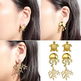 JewelryWe Boho Strand Ohrringe Gold: 3 Paar Edelstahl Schildkröte Qualle Koralle Ohrstecker Set Damen Sommer Statement Ohrringe Meerestier Maritimer Ohrschmuck Sommer Urlaub Accessoires