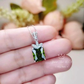 SpiritArtUSA Rectangular Peridot Necklace - White Gold Sterling Silver Gemstone Flower Green