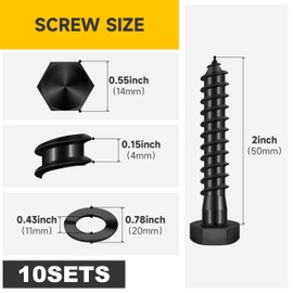 MYWISH (10Sets) 3/8" x 2" Hex Head Lag Bolts, Heavy Duty Lag Screws with Washers, 304 Stainless Steel Bolts 18-8, Lag Screws Wood Screws, Partial Thread Black Oxide, 3/8 Bolt