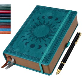 HwxBen Notebook (14.5 x 21 cm) Lined - Diary with 360 Pages, PU Leather Hardcover in Vintage Sun & Moon Design - Ideal as a Gift for Family and Friends - Lake Green, with Pen