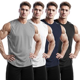 DRSKIN Men's 4 Pack Tank Tops Sleeveless Shirts Athletic Muscle Mesh Dry Fit Gym Training Workout Fitness Bodybuilding (Big-ME-TA (B+WH+N+G), XL)