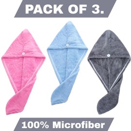 CB HOME Microfiber Hair Drying Turban Towels, Pack of 3 (Blue-Pink-Grey)