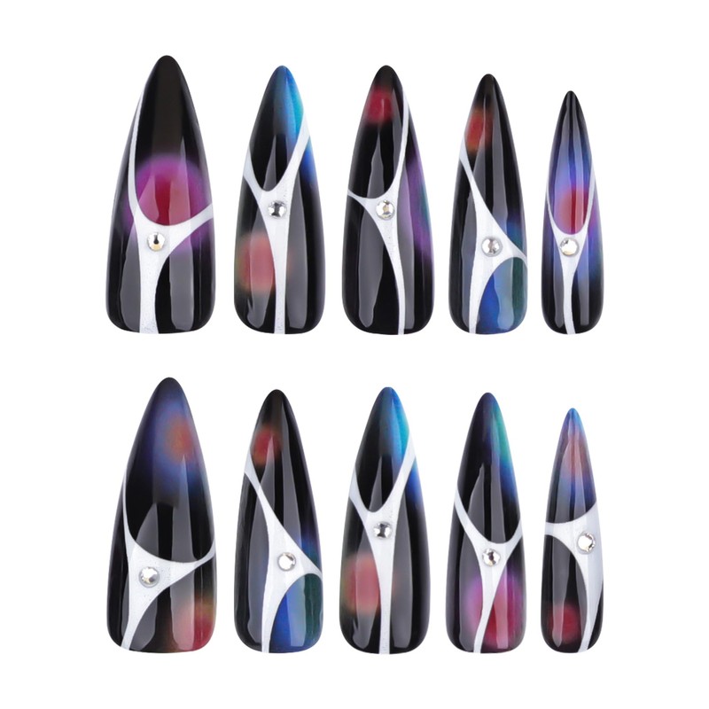 Y2K Press on Nails Long Stiletto Fake Nails Colorful Smudges