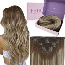 fshine Clip in Hair Extensions Human Hair 16 Inch 120g Human Hair Chestnut Brown to Platinum Blonde and Brown Balayage Natural Hair Clip in Extensions for Women 7pcs