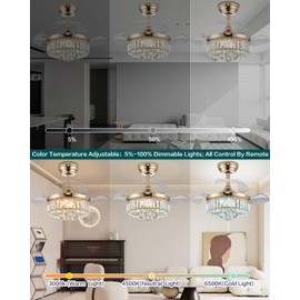Fejanical 30 Inch Crystal Fandelier Ceiling Fan with Light Dimmable Chandelier Ceiling Fans with Lights for Living Room Bedroom,Gold