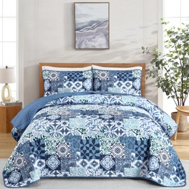 Mybedsoul Blue Quilt Set Queen Size, 3 Pieces Patchwork Bedspread Set Geometric Plaid Bedspread Coverlet Set Soft Microfiber Reversible Lightweight Bedding Set for All Season 96" x 90"