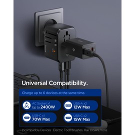Spigen ArcStation Travel Adapter Worldwide, GaN 70W 5-Port Universal Travel Plug with 3 USB-C, 2 USB-A and 1 AC Socket, International Socket Adapter, Universal Adapter for US, UK, EU, AU - Black