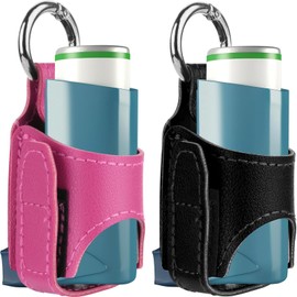 Beautyflier 2PCS Asthma Inhaler Holder Keychain PU Leather Travel Handy Holder for Adults and Kids, Inhaler Not Included (Black + Hot Pink)
