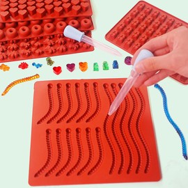 Wilewir Gummy Bear Mold Silicone for Gummies Candy, 5Pcs Worm Gummy and Chocolate Molds Silicone for Kids Including Mini Bear, Dinosaur, Worm, Hearts and Mini Donut with 2 Droppers