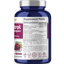 Resveratrol & Polyphenol, Non-GMO, Vegan, 1450mg, 180 Capsules-90 Servings | Plant Based Formula with Vitamin C, Dietary Supplement, Suitable for Adul