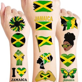 100 piezas de tatuajes temporales con la bandera de Jamaica, suministros de decoración para fiestas de cumpleaños, recuerdos, pegatinas de tatuajes de palmeras jamaicanas de color amarillo y verde,