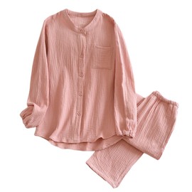 GDenFrog Women's Pajamas, Loungewear, Long Sleeve, Double Gauze, 100% Cotton, Loungewear, Sweat Absorbent, Breathable, Skin-friendly, Open Front, Spring, Summer, Autumn, Winter, M, L, XL, Pink, L