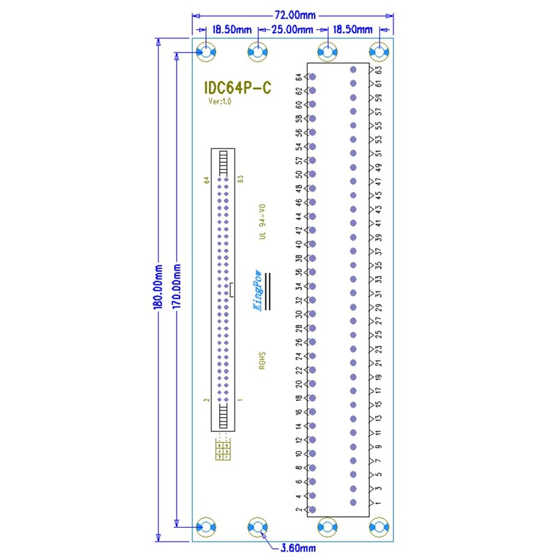 Jienk IDC64 2x32 64Pins 0.1" FRC Connector Male Header DIN