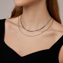 White Gold Double Layered Herringbone Necklaces for Women Dainty Layering Snake Chain Choker Trendy Stainless Steel Jewelry