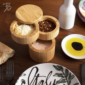 Totally Bamboo Triple Salt Cellar, 3 Tier Bamboo Kitchen Salt and Pepper Storage Box with Magnetic Swivel Lids