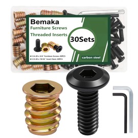 Bemaka 60PCS Threaded Inserts for Wood, 1/4-20 x 3/4" Furniture Screw, Screw-in Nuts 1/4-20 x 19/32" Furniture Bolts Fastener Connector Hex Socket Drive with Two Hex Wrenches (30 Sets)