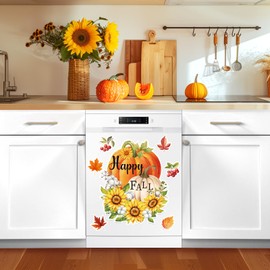 Happy Fall Dishwasher Magnet Cover, 7Pcs Fall Pumpkin Dishwasher Panel Decal Autumn Harvest Sunflower Refrigerator Magnets Maple Leaves Dishwasher Stickers for Thanksgiving Home Kitchen Decor