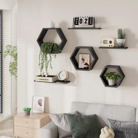 Black Wooden Hexagon Floating Shelves Wall Mounted-Set of 6,Decorative Honeycomb Shelves for Wall Decor,Modern Geometric Wall Organizer Cube Shelves Display for Plant,Photo,Living Room,Bedroom,Pine