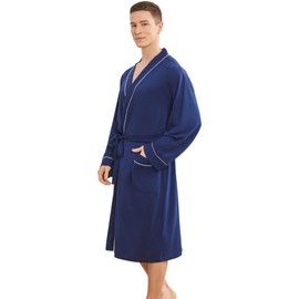 YOIPNEF - Bata ligera para hombre, kimono de punto, ropa de dormir suave hasta la rodilla con bolsillos, marino, Medium