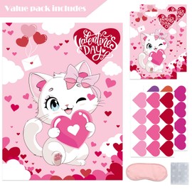 Valentines Games for Kids Pin The Heart on The Cat Game Reusable Pin The Heart on The Cat for Valentines Day Party Favor Supplies
