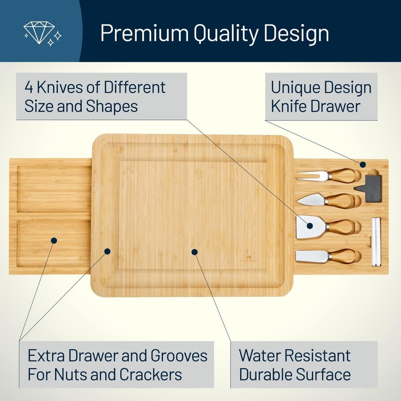 RoyalHouse Unique Bamboo Cheese Board and Knife Set with 2