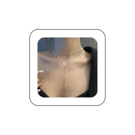 Xduargs Boho Layered Pearl Y Lariat Necklace Gold Crystal Tennis Chain Vintage CZ Y Drop Adjustable Beads Choker Jewellery for Women, Zinc