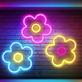 Baquler 3 Pcs Flower Neon Sign LED Light Signs USB Powered Retro Flower Shaped Light up Sign for Wall Bedroom Home Shop Dormitory Wedding Birthday Party Decoration Girls, 9 x 9 Inches (Classic)