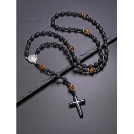 PiercingJak Rosary Cross Chain Black Agate Beads Prayer Chain with Saint Benedict Medal Pendant Men's Necklace Catholic Christian Religious Jewellery for Communion Christening Fair, Gemstone