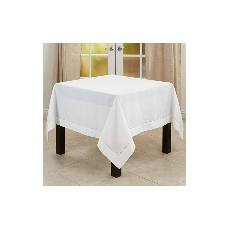SARO LIFESTYLE Hemstitched Border Tablecloth, White, 72"x72"