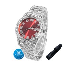 Halukakah Diamond Gold Watch for Boys, Teenagers, Children, 18K Real Gold/Platinum Plated, 42 mm Blue/Green/Red Dial, Japanese Quartz Movement 20 cm, with Adjustment Tool for Birthdays, Parties,