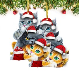 DECORLUXES Set 2 Christmas Ornaments 3.1" -3 Cute Cat Christmas, Xmas Acrylic Ornaments, Christmas Tree Hanging, Tree Topper Ornaments - Christmas Tree Decoration Ornament