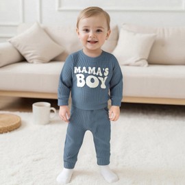 Baby Boy Fall Clothes Set Long Sleeve Crewneck Sweatshirts Pants Infant Newborn Waffle Outfits 6 12 18 24 Months 2T (Mama Boy Blue, 0-6 Months)